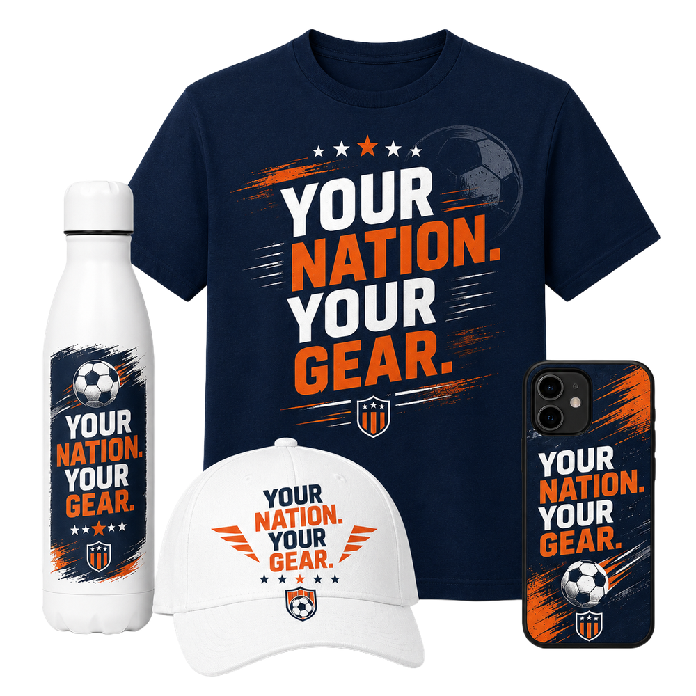 Lava Match Hub team gear — tee, crop top, cap, bottle and phone case in your nation's colors