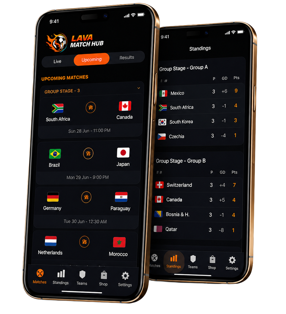Lava Match Hub app — matches and standings screens